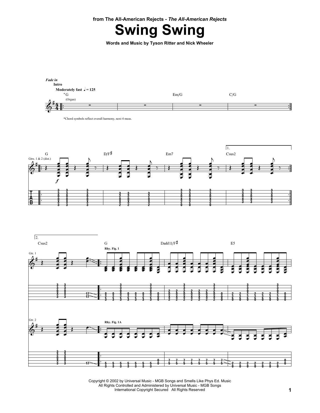 Learn to play The All-American Rejects Swing Swing sheet music for Guitar Tab in minutes. The All-American Rejects Swing Swing sheet music preview music notes and score for Guitar Tab including 6 page(s)
