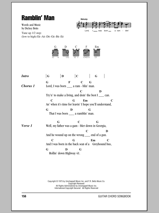 Learn to play The Allman Brothers Band Ramblin' Man sheet music for Lyrics & Chords in minutes. The Allman Brothers Band Ramblin' Man sheet music preview music notes and score for Lyrics & Chords including 2 page(s)