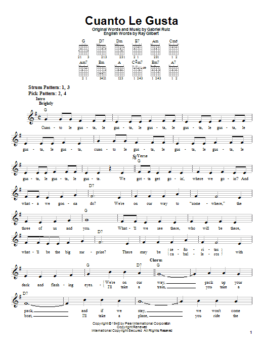 Learn to play The Andrews Sisters Cuanto Le Gusta sheet music for Easy Guitar in minutes. The Andrews Sisters Cuanto Le Gusta sheet music preview music notes and score for Easy Guitar including 2 page(s)