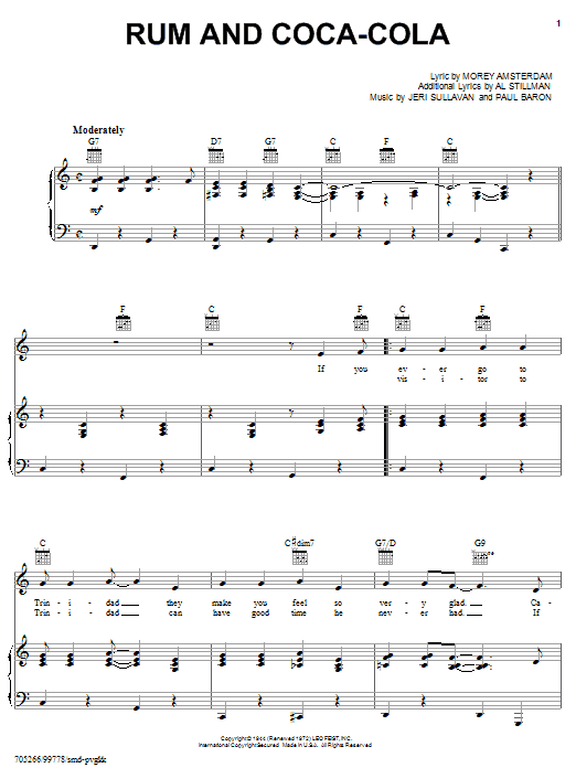 Learn to play The Andrews Sisters Rum And Coca-Cola sheet music for Real Book – Melody & Chords in minutes. The Andrews Sisters Rum And Coca-Cola sheet music preview music notes and score for Real Book – Melody & Chords including 1 page(s)