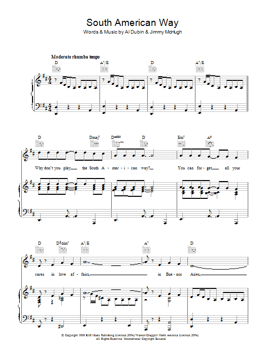 Learn to play The Andrews Sisters South American Way sheet music for Piano, Vocal & Guitar (Right-Hand Melody) in minutes. The Andrews Sisters South American Way sheet music preview music notes and score for Piano, Vocal & Guitar (Right-Hand Melody) including 5 page(s)