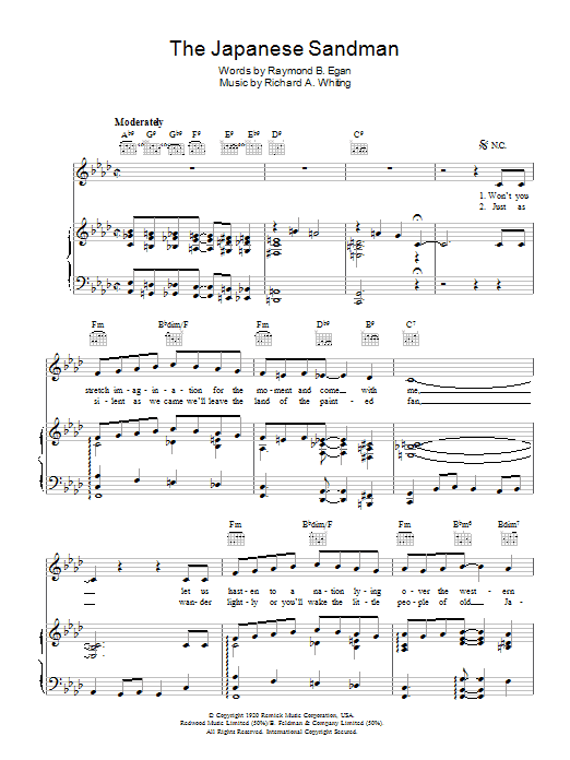 Learn to play The Andrews Sisters The Japanese Sandman sheet music for Piano, Vocal & Guitar (Right-Hand Melody) in minutes. The Andrews Sisters The Japanese Sandman sheet music preview music notes and score for Piano, Vocal & Guitar (Right-Hand Melody) including 6 page(s)