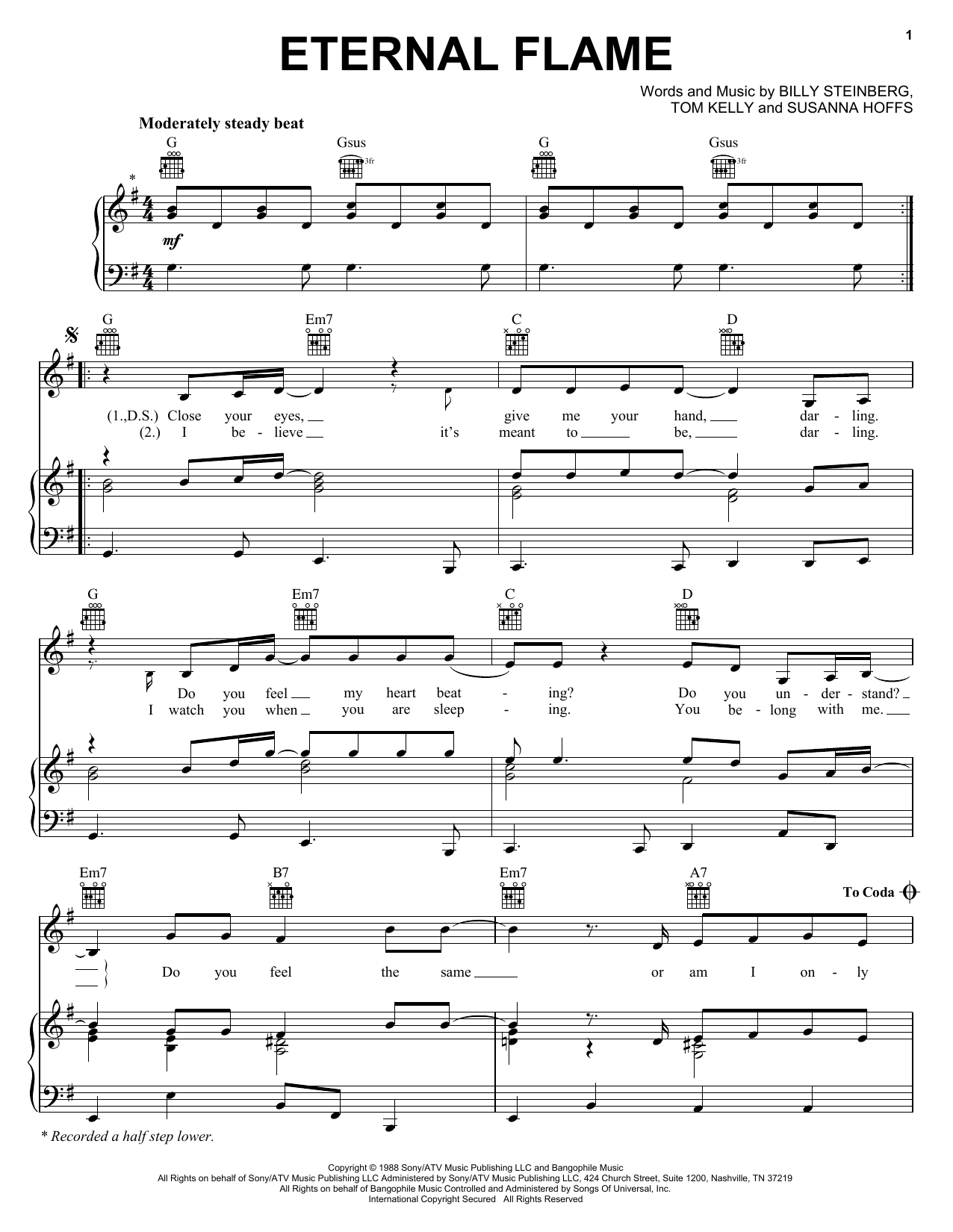 The Bangles Eternal Flame sheet music preview music notes and score for Piano, Vocal & Guitar (Right-Hand Melody) including 4 page(s)