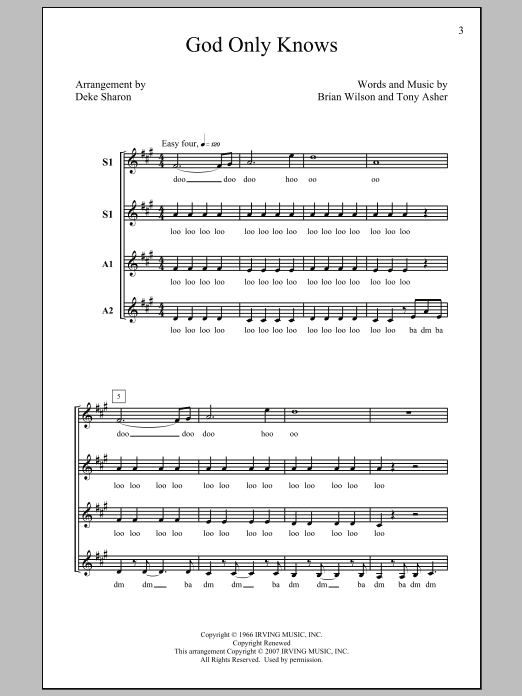 The Beach Boys God Only Knows (arr. Deke Sharon) sheet music preview music notes and score for SSA including 6 page(s)