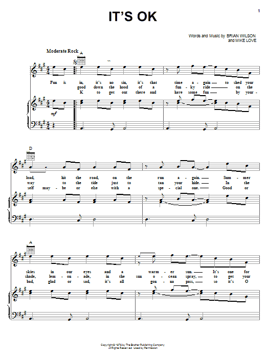Learn to play The Beach Boys It's OK sheet music for Piano, Vocal & Guitar (Right-Hand Melody) in minutes. The Beach Boys It's OK sheet music preview music notes and score for Piano, Vocal & Guitar (Right-Hand Melody) including 3 page(s)