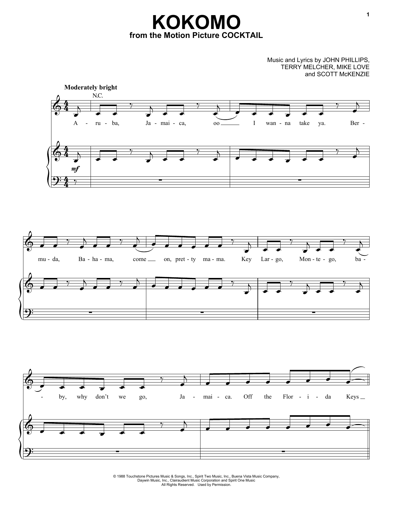 The Beach Boys Kokomo sheet music preview music notes and score for Lyrics & Piano Chords including 4 page(s)