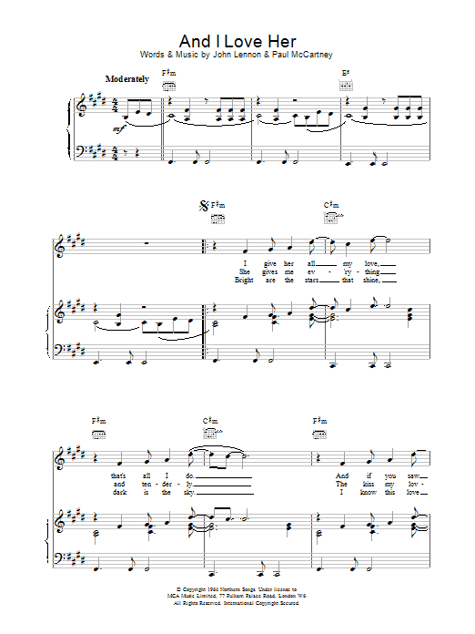 Learn to play The Beatles And I Love Her sheet music for Piano (Big Notes) in minutes. The Beatles And I Love Her sheet music preview music notes and score for Piano (Big Notes) including 3 page(s)