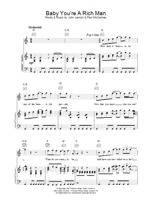 Learn to play The Beatles Baby You're A Rich Man sheet music for Guitar Tab in minutes. The Beatles Baby You're A Rich Man sheet music preview music notes and score for Guitar Tab including 10 page(s)