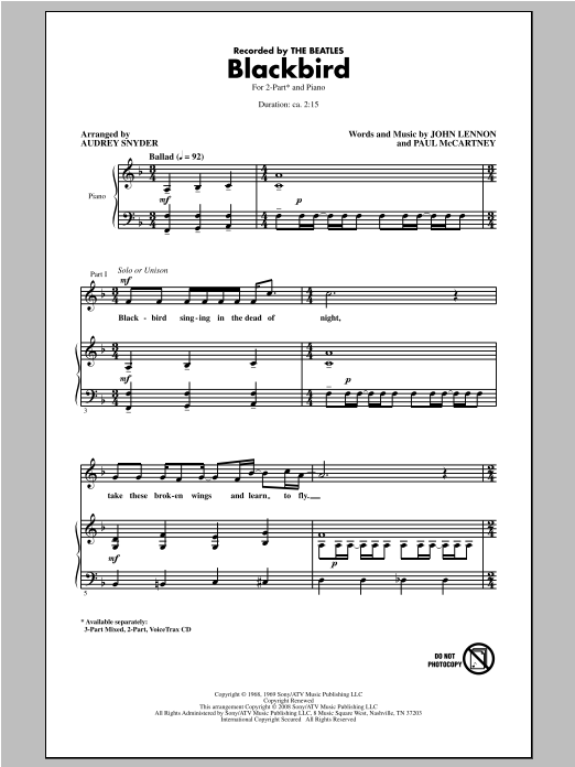 Learn to play The Beatles Blackbird (arr. Audrey Snyder) sheet music for TB Choir in minutes. The Beatles Blackbird (arr. Audrey Snyder) sheet music preview music notes and score for TB Choir including 9 page(s)