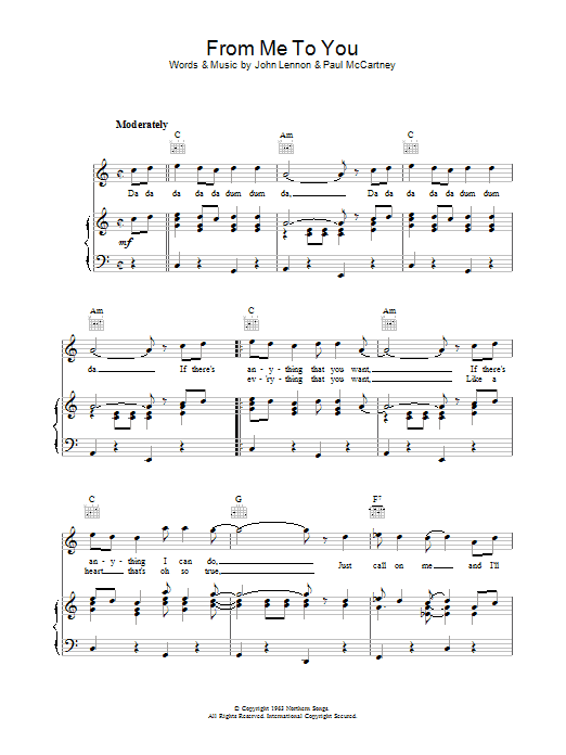 Learn to play The Beatles From Me To You sheet music for Melody Line, Lyrics & Chords in minutes. The Beatles From Me To You sheet music preview music notes and score for Melody Line, Lyrics & Chords including 2 page(s)