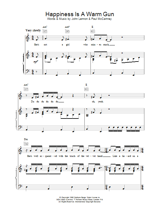 Learn to play The Beatles Happiness Is A Warm Gun sheet music for Melody Line, Lyrics & Chords in minutes. The Beatles Happiness Is A Warm Gun sheet music preview music notes and score for Melody Line, Lyrics & Chords including 4 page(s)