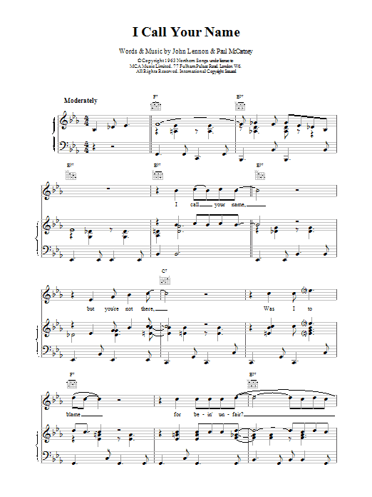 The Beatles I Call Your Name sheet music preview music notes and score for Piano, Vocal & Guitar (Right-Hand Melody) including 4 page(s)