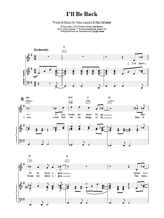 The Beatles I'll Be Back sheet music preview music notes and score for Guitar Tab including 4 page(s)