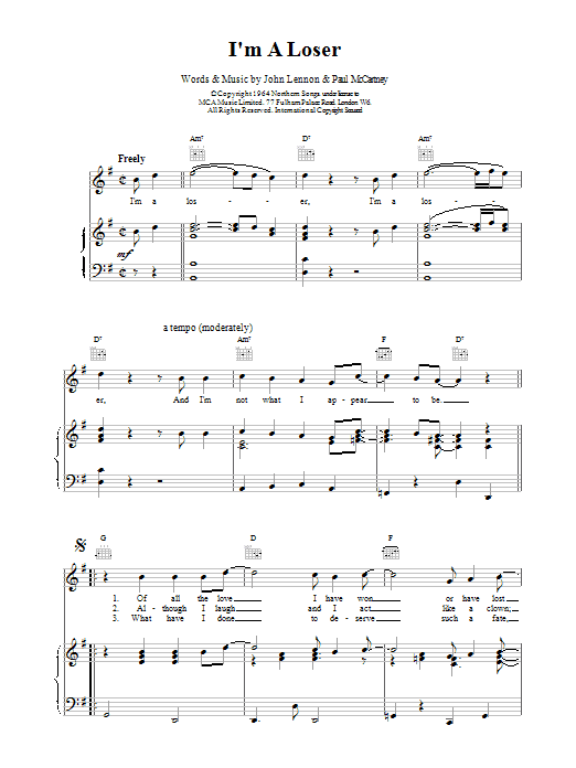 Learn to play The Beatles I'm A Loser sheet music for Guitar Tab in minutes. The Beatles I'm A Loser sheet music preview music notes and score for Guitar Tab including 5 page(s)