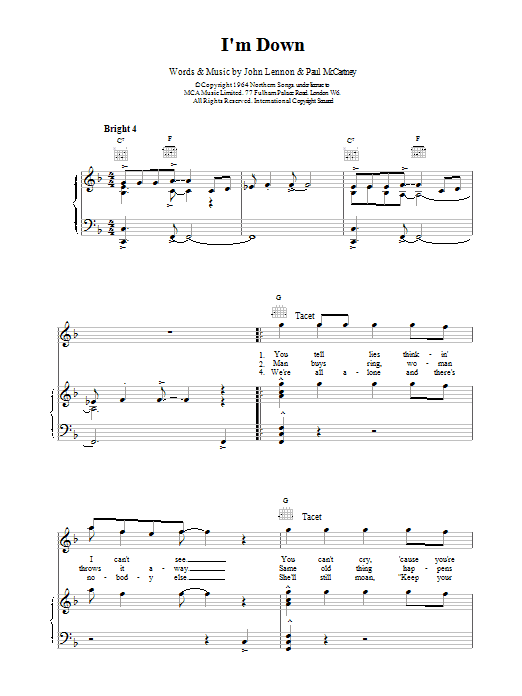 Learn to play The Beatles I'm Down sheet music for Keyboard in minutes. The Beatles I'm Down sheet music preview music notes and score for Keyboard including 2 page(s)