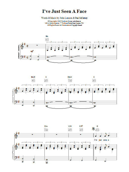 Learn to play The Beatles I've Just Seen A Face sheet music for Piano, Vocal & Guitar (Right-Hand Melody) in minutes. The Beatles I've Just Seen A Face sheet music preview music notes and score for Piano, Vocal & Guitar (Right-Hand Melody) including 5 page(s)