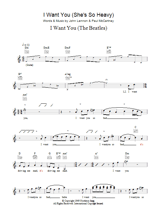 Learn to play The Beatles I Want You (She's So Heavy) sheet music for Melody Line, Lyrics & Chords in minutes. The Beatles I Want You (She's So Heavy) sheet music preview music notes and score for Melody Line, Lyrics & Chords including 4 page(s)
