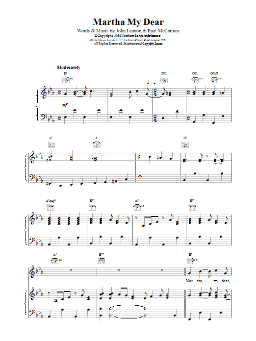 The Beatles Martha My Dear sheet music preview music notes and score for Piano, Vocal & Guitar including 4 page(s)