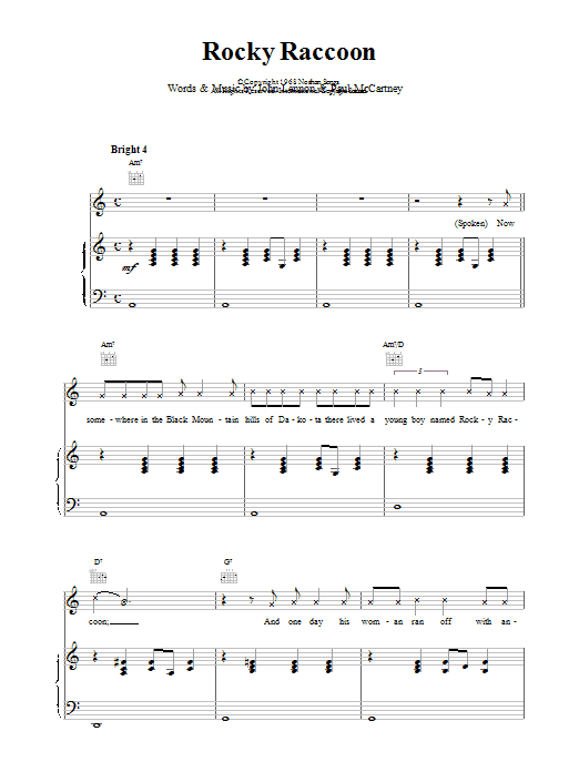 Learn to play The Beatles Rocky Raccoon sheet music for Easy Guitar Tab in minutes. The Beatles Rocky Raccoon sheet music preview music notes and score for Easy Guitar Tab including 4 page(s)