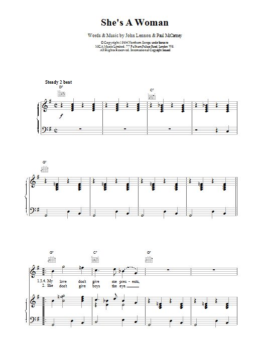 Learn to play The Beatles She's A Woman sheet music for Guitar Tab in minutes. The Beatles She's A Woman sheet music preview music notes and score for Guitar Tab including 6 page(s)
