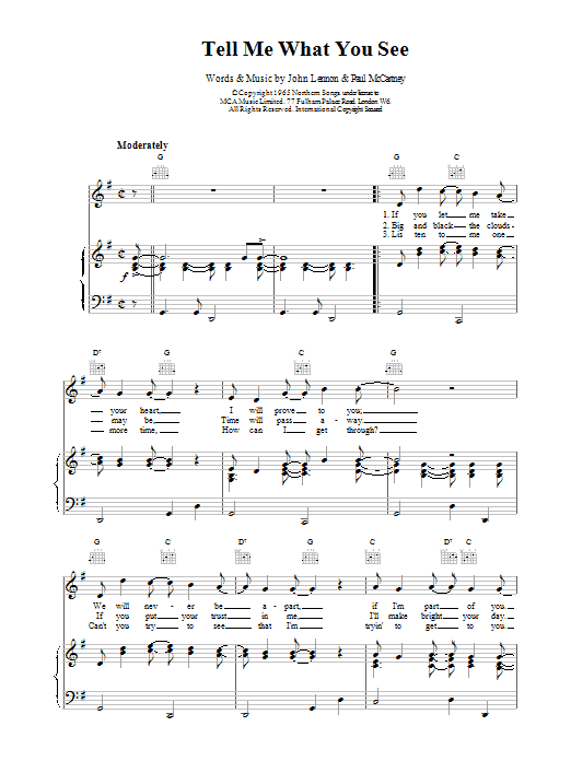 The Beatles Tell Me What You See sheet music preview music notes and score for Piano, Vocal & Guitar (Right-Hand Melody) including 2 page(s)