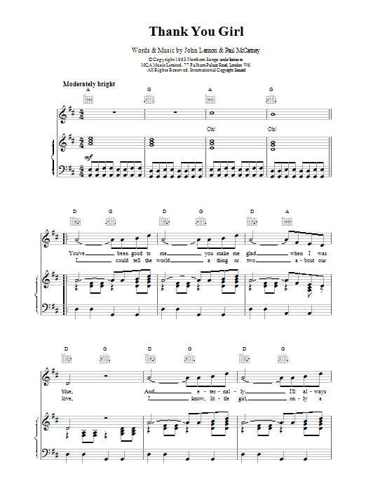 Learn to play The Beatles Thank You Girl sheet music for Guitar Tab in minutes. The Beatles Thank You Girl sheet music preview music notes and score for Guitar Tab including 3 page(s)