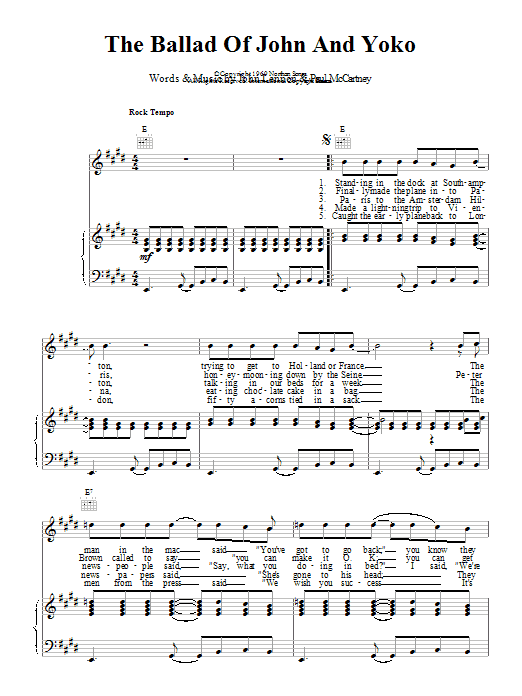Learn to play The Beatles The Ballad Of John And Yoko sheet music for Bass Guitar Tab in minutes. The Beatles The Ballad Of John And Yoko sheet music preview music notes and score for Bass Guitar Tab including 5 page(s)