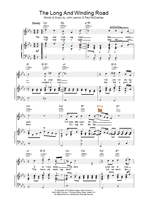 The Beatles The Long And Winding Road sheet music preview music notes and score for Piano, Vocal & Guitar including 4 page(s)