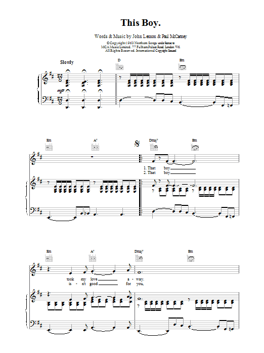 Learn to play The Beatles This Boy (Ringo's Theme) sheet music for Melody Line, Lyrics & Chords in minutes. The Beatles This Boy (Ringo's Theme) sheet music preview music notes and score for Melody Line, Lyrics & Chords including 2 page(s)