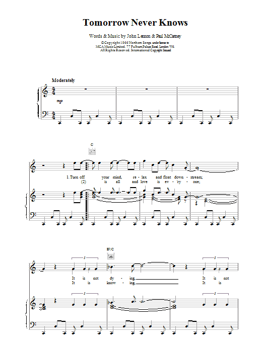 The Beatles Tomorrow Never Knows sheet music preview music notes and score for Piano, Vocal & Guitar (Right-Hand Melody) including 3 page(s)