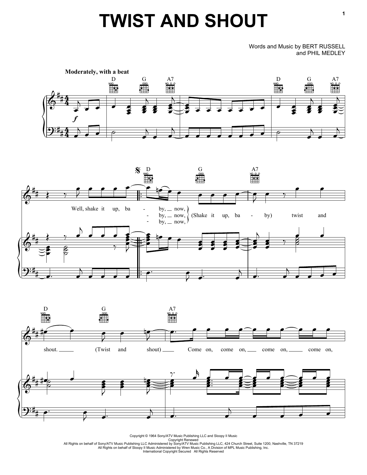 The Beatles Twist And Shout sheet music preview music notes and score for Piano, Vocal & Guitar (Right-Hand Melody) including 4 page(s)