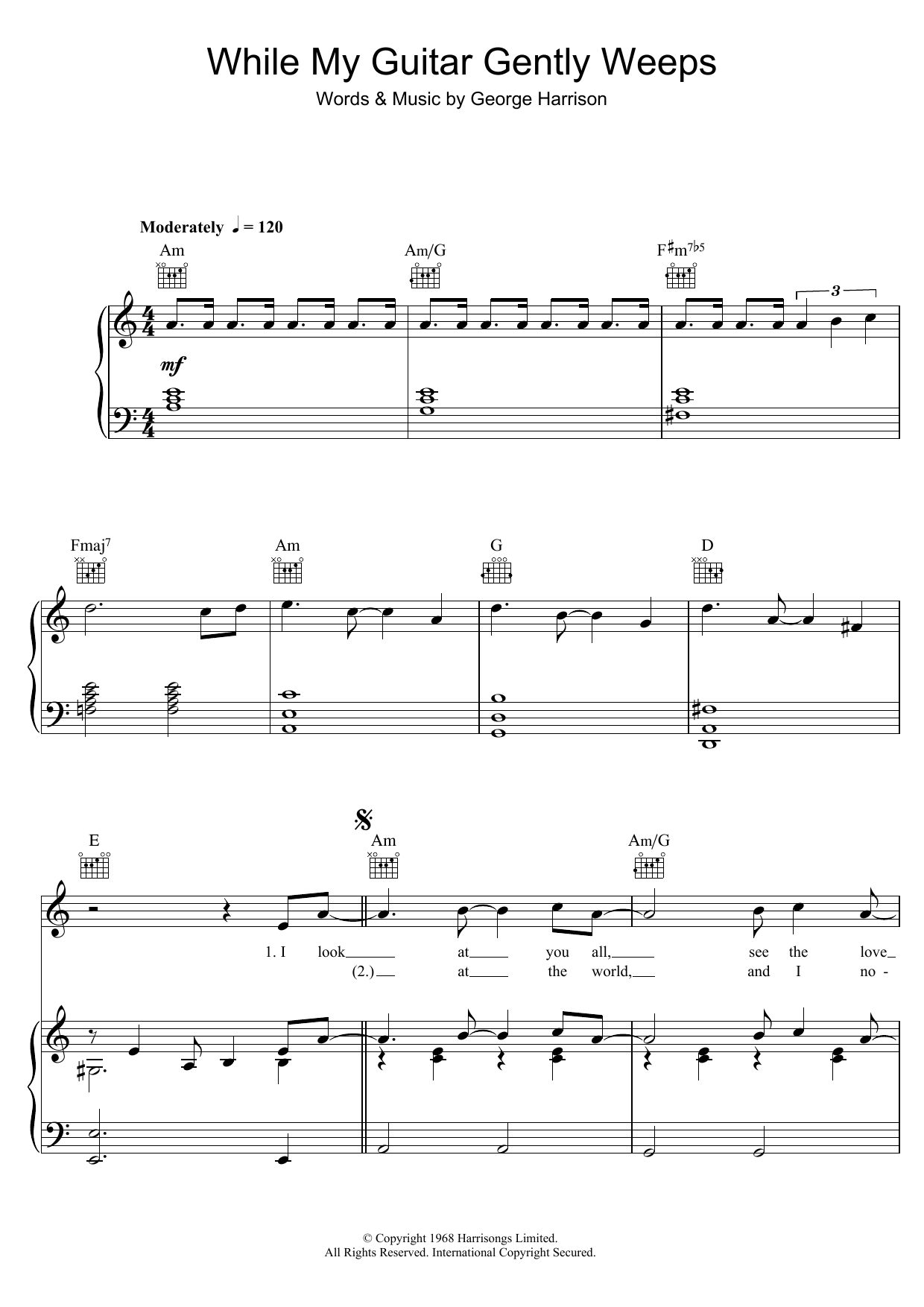 The Beatles While My Guitar Gently Weeps sheet music preview music notes and score for Easy Piano including 3 page(s)