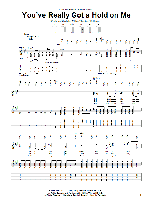 Learn to play The Beatles You've Really Got A Hold On Me sheet music for Guitar Tab in minutes. The Beatles You've Really Got A Hold On Me sheet music preview music notes and score for Guitar Tab including 4 page(s)