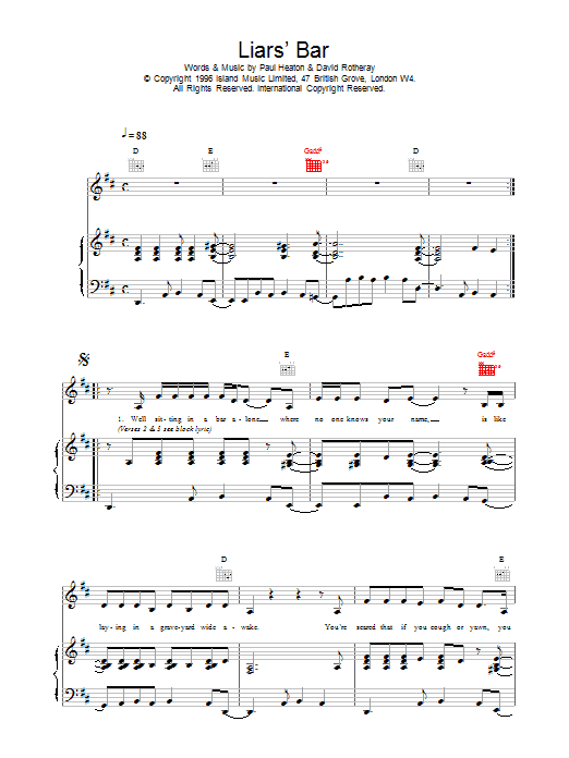 The Beautiful South Liar's Bar sheet music preview music notes and score for Piano, Vocal & Guitar (Right-Hand Melody) including 6 page(s)
