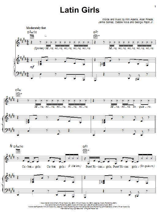 Learn to play The Black Eyed Peas Latin Girls sheet music for Piano, Vocal & Guitar (Right-Hand Melody) in minutes. The Black Eyed Peas Latin Girls sheet music preview music notes and score for Piano, Vocal & Guitar (Right-Hand Melody) including 10 page(s)