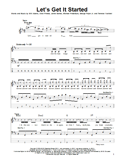 The Black Eyed Peas Let's Get It Started sheet music preview music notes and score for Bass Guitar Tab including 9 page(s)
