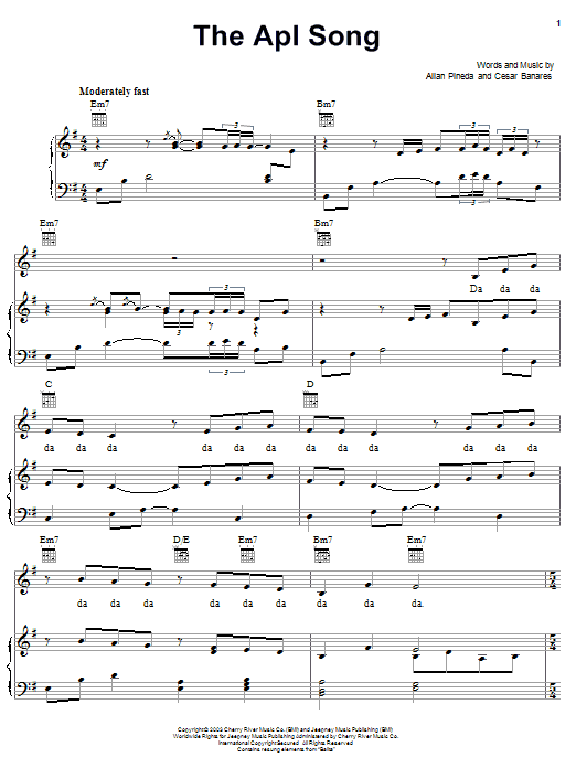 Learn to play The Black Eyed Peas The Apl Song sheet music for Piano, Vocal & Guitar (Right-Hand Melody) in minutes. The Black Eyed Peas The Apl Song sheet music preview music notes and score for Piano, Vocal & Guitar (Right-Hand Melody) including 6 page(s)