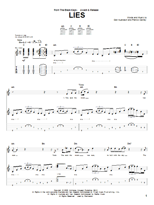 Learn to play The Black Keys Lies sheet music for Guitar Tab in minutes. The Black Keys Lies sheet music preview music notes and score for Guitar Tab including 6 page(s)