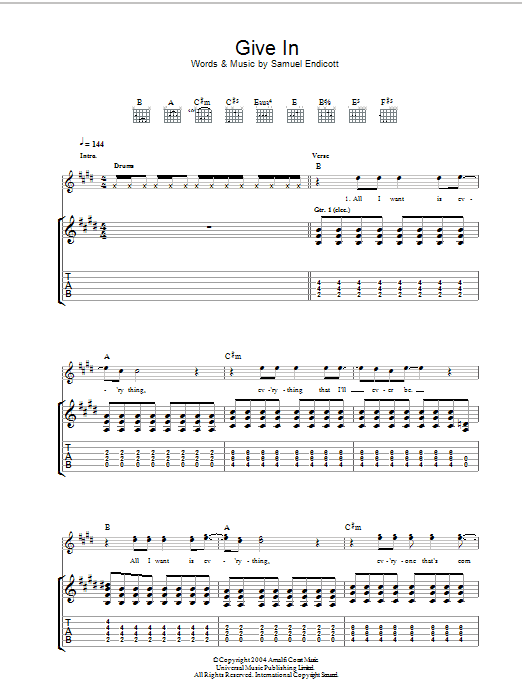 The Bravery Give In sheet music preview music notes and score for Guitar Tab including 6 page(s)