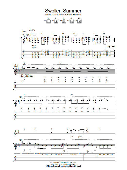 The Bravery Swollen Summer sheet music preview music notes and score for Guitar Tab including 7 page(s)