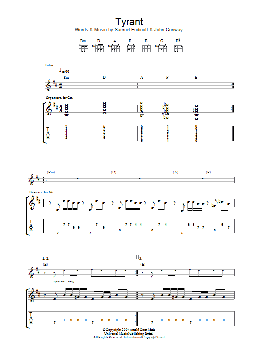 The Bravery Tyrant sheet music preview music notes and score for Guitar Tab including 9 page(s)