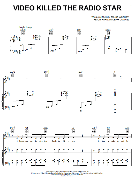 Buggles Video Killed The Radio Star sheet music preview music notes and score for Piano, Vocal & Guitar (Right-Hand Melody) including 7 page(s)