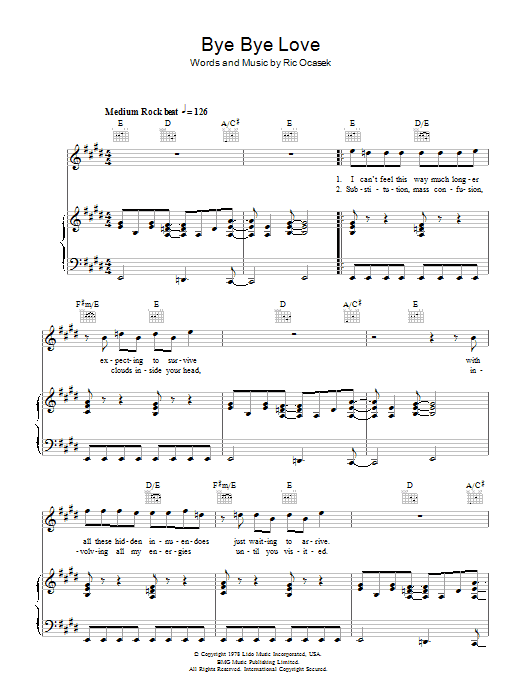Learn to play The Cars Bye Bye Love sheet music for Piano, Vocal & Guitar (Right-Hand Melody) in minutes. The Cars Bye Bye Love sheet music preview music notes and score for Piano, Vocal & Guitar (Right-Hand Melody) including 4 page(s)