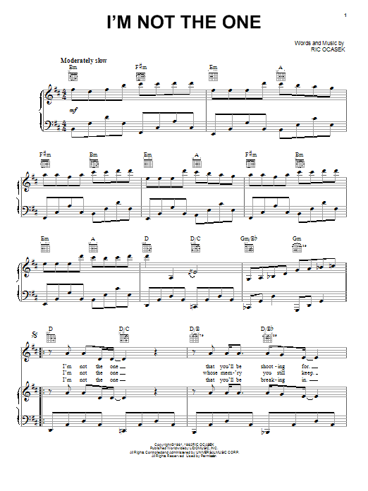 Learn to play The Cars I'm Not The One sheet music for Piano, Vocal & Guitar (Right-Hand Melody) in minutes. The Cars I'm Not The One sheet music preview music notes and score for Piano, Vocal & Guitar (Right-Hand Melody) including 4 page(s)
