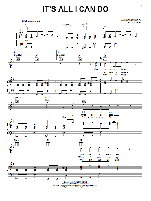 Learn to play The Cars It's All I Can Do sheet music for Piano, Vocal & Guitar (Right-Hand Melody) in minutes. The Cars It's All I Can Do sheet music preview music notes and score for Piano, Vocal & Guitar (Right-Hand Melody) including 5 page(s)