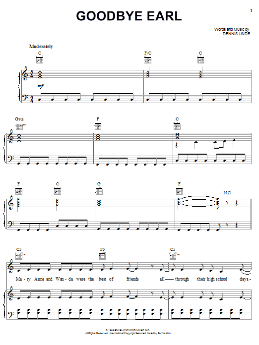 Dixie Chicks Goodbye Earl sheet music preview music notes and score for Piano, Vocal & Guitar (Right-Hand Melody) including 9 page(s)
