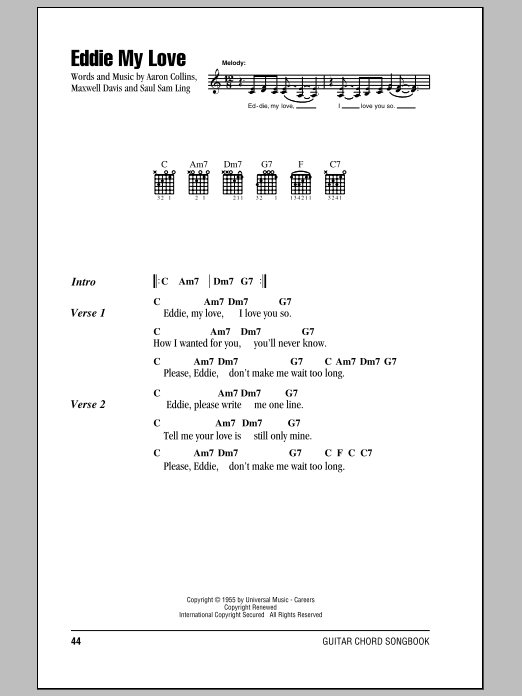 Learn to play The Chordettes Eddie My Love sheet music for E-Z Play Today in minutes. The Chordettes Eddie My Love sheet music preview music notes and score for E-Z Play Today including 3 page(s)