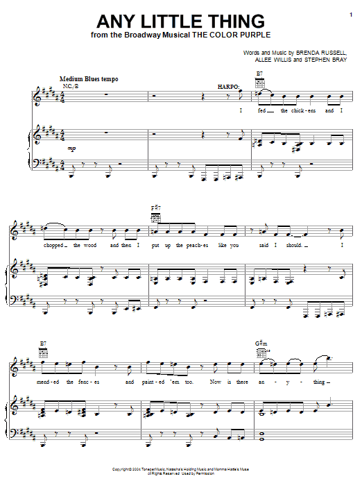 Learn to play The Color Purple (Musical) Any Little Thing sheet music for Easy Piano in minutes. The Color Purple (Musical) Any Little Thing sheet music preview music notes and score for Easy Piano including 5 page(s)