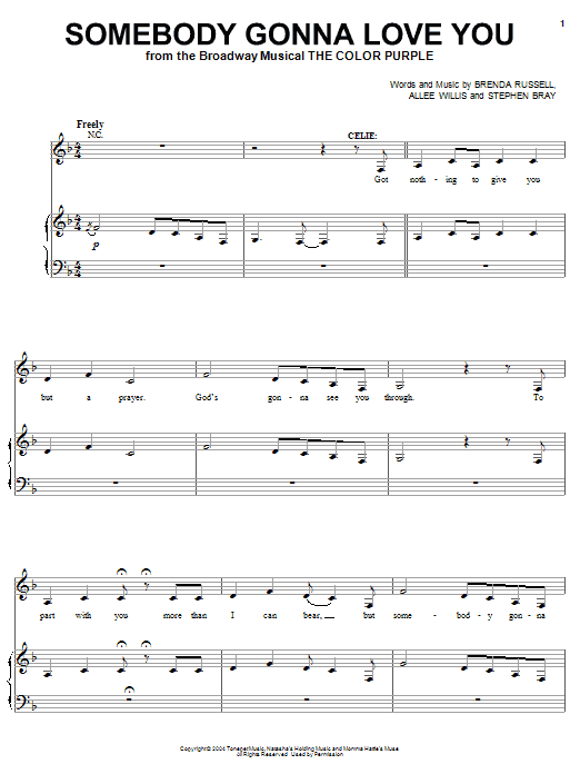 Learn to play The Color Purple (Musical) Somebody Gonna Love You sheet music for Easy Piano in minutes. The Color Purple (Musical) Somebody Gonna Love You sheet music preview music notes and score for Easy Piano including 2 page(s)