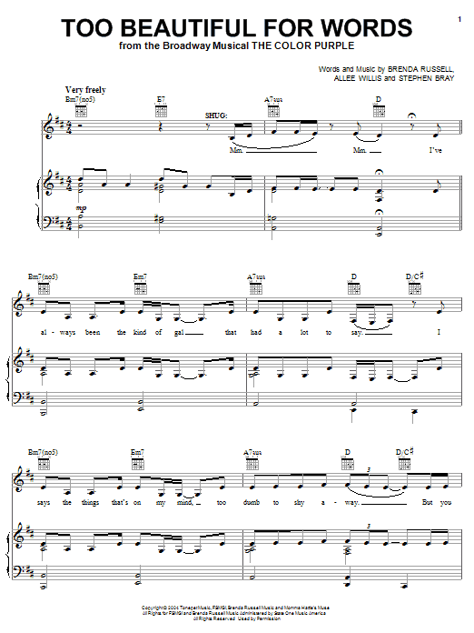 Learn to play The Color Purple (Musical) Too Beautiful For Words sheet music for Easy Piano in minutes. The Color Purple (Musical) Too Beautiful For Words sheet music preview music notes and score for Easy Piano including 3 page(s)